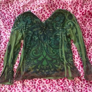 Susan Lawrence Whimsigoth Green Floral Gemstone Pattern Longsleeve